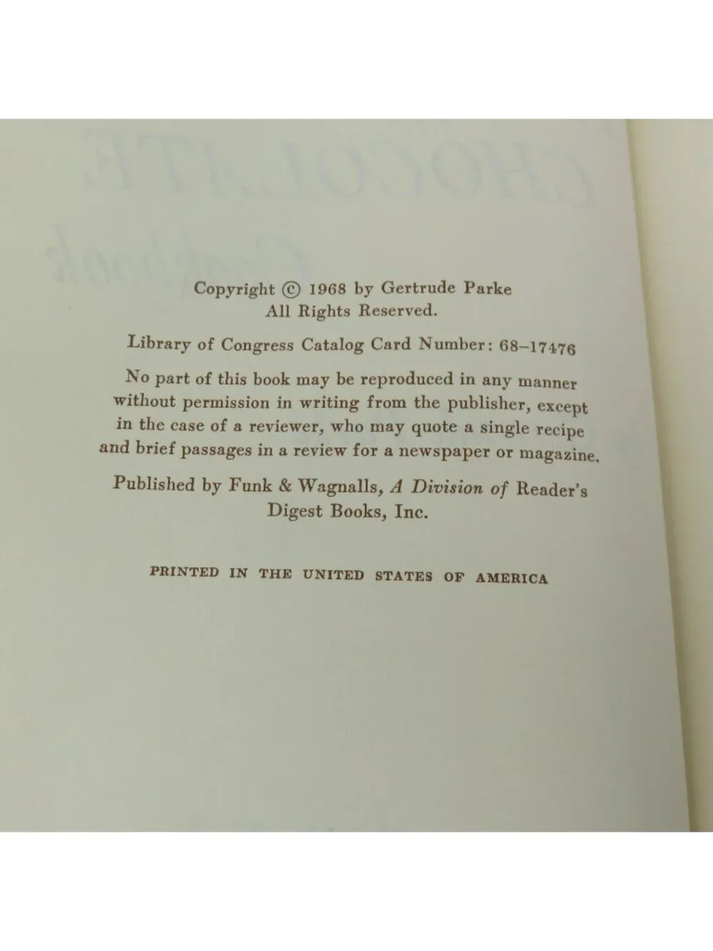 The Big Chocolate Cookbook 1968 1st Edition Gertrude Parke Vintage Dessert